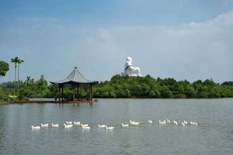 Thủy đình và đàn ngỗng trên hồ Lục Thủy tại Công viên Thiên Đức