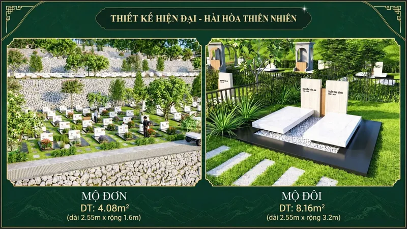 Kích thước mộ đơn 4,08 m² và mộ đôi 8,16 m² tại Thiên Phúc Vĩnh Hằng Viên