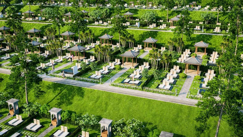 Phối cảnh toàn cảnh khu khuôn viên mộ gia đình có chòi nghỉ tại Thiên Phúc Vĩnh Hằng Viên
