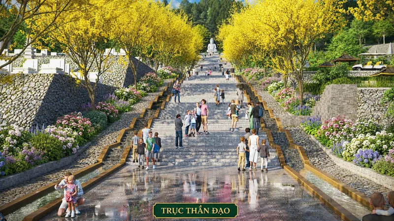Phối cảnh Trục Thần Đạo dẫn lên tượng Phật tại Thiên Phúc Vĩnh Hằng Viên